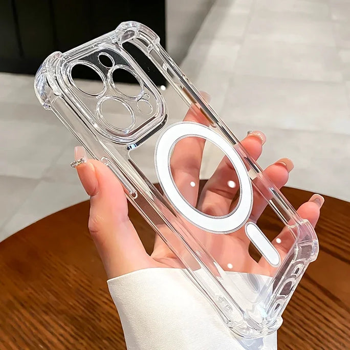 Luxury Magsafe Wireless Charging Shockproof Phone Case for iPhone 11, 12, 13, 14, 15 Pro Max Plus - Transparent Magnetic Bumper Case