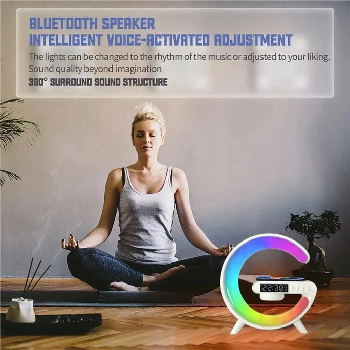 Multifunctional Wireless Charger Pad with RGB Light, Alarm Clock, and Speaker – Quick Charging Dock for iPhone, Samsung, Xiaomi