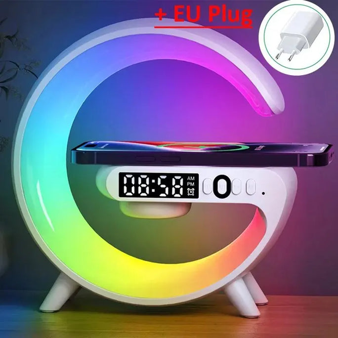 Multifunctional Wireless Charger Pad with RGB Light, Alarm Clock, and Speaker – Quick Charging Dock for iPhone, Samsung, Xiaomi