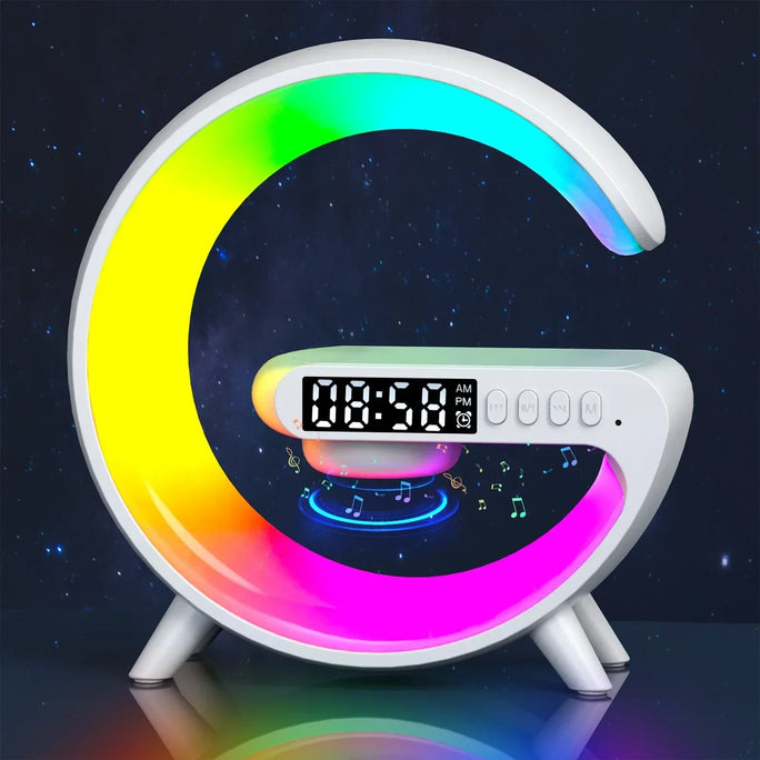 Multifunctional Wireless Charger Pad with RGB Light, Alarm Clock, and Speaker – Quick Charging Dock for iPhone, Samsung, Xiaomi