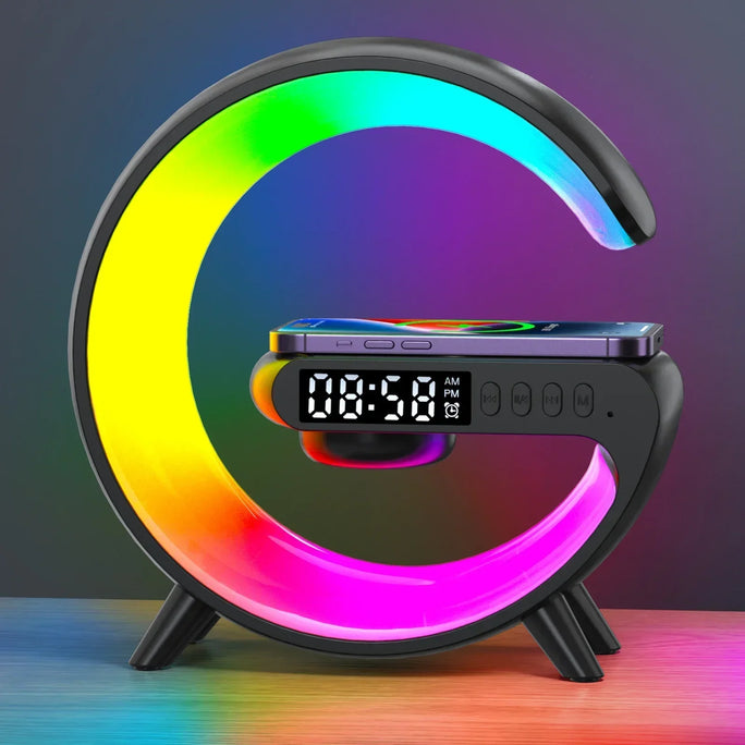 Multifunctional Wireless Charger Pad with RGB Light, Alarm Clock, and Speaker – Quick Charging Dock for iPhone, Samsung, Xiaomi