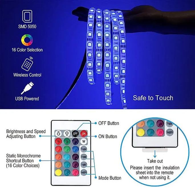 Title (título curto e claro para a loja): RGB LED Light Strip 5050 – 5M Flexible Lighting with Remote Control, 30 LEDs/m