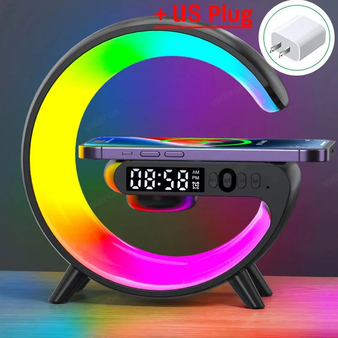 Multifunctional Wireless Charger Pad with RGB Light, Alarm Clock, and Speaker – Quick Charging Dock for iPhone, Samsung, Xiaomi