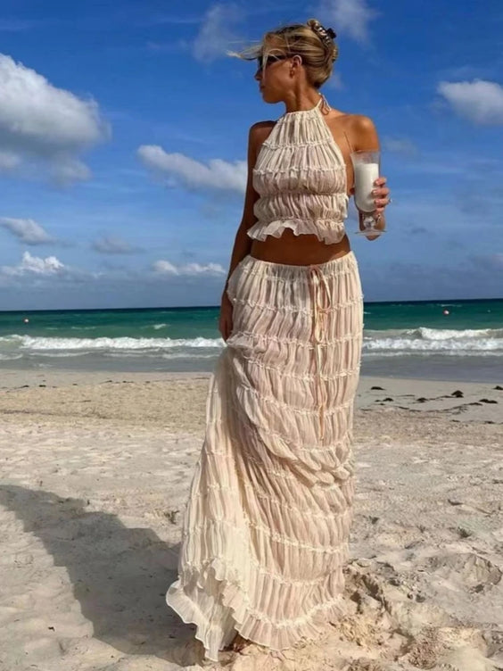 Piece White Ruched Beach Set – Backless Halter Top & Long Folded Skirt