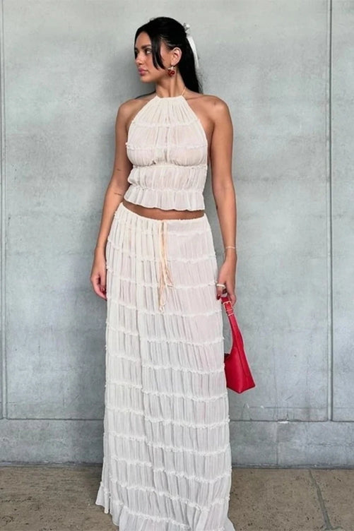 Piece White Ruched Beach Set – Backless Halter Top & Long Folded Skirt