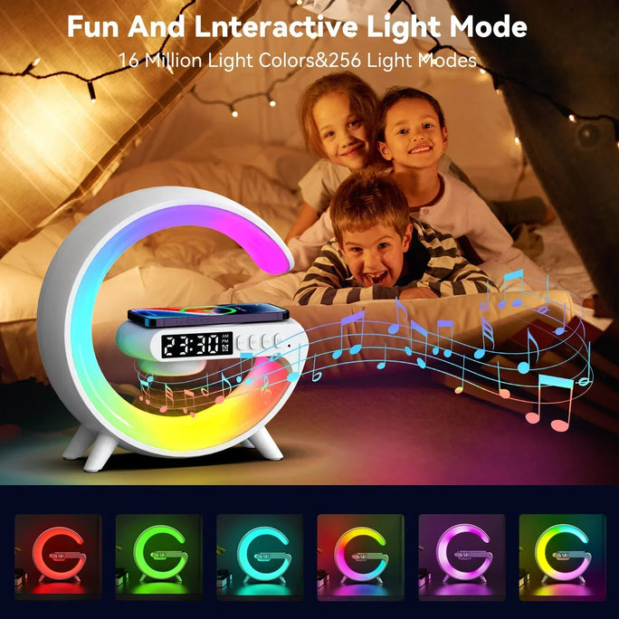 Multifunctional Wireless Charger Pad with RGB Light, Alarm Clock, and Speaker – Quick Charging Dock for iPhone, Samsung, Xiaomi