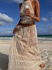 Piece White Ruched Beach Set – Backless Halter Top & Long Folded Skirt
