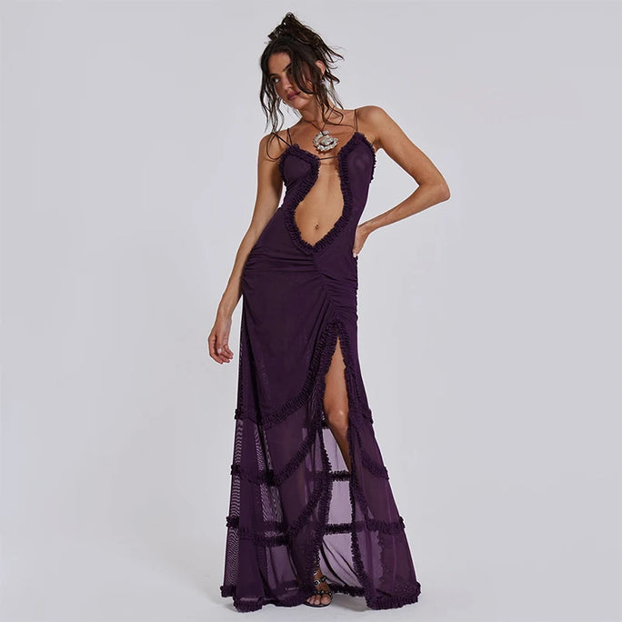 Cutenova Women’s Noble Fuzzy Halter Neck Sleeveless Dress – Luxury Wave Cut Evening Gown