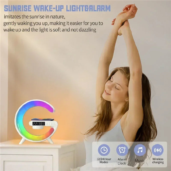 Multifunctional Wireless Charger Pad with RGB Light, Alarm Clock, and Speaker – Quick Charging Dock for iPhone, Samsung, Xiaomi