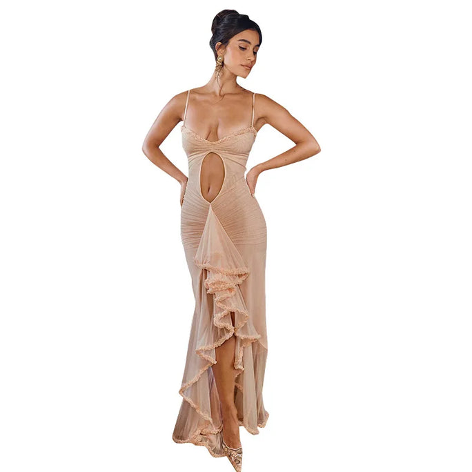 Cutenova Women’s Noble Fuzzy Halter Neck Sleeveless Dress – Luxury Wave Cut Evening Gown
