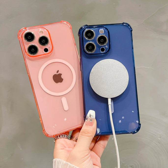 Luxury Magsafe Wireless Charging Shockproof Phone Case for iPhone 11, 12, 13, 14, 15 Pro Max Plus - Transparent Magnetic Bumper Case