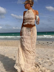 Piece White Ruched Beach Set – Backless Halter Top & Long Folded Skirt