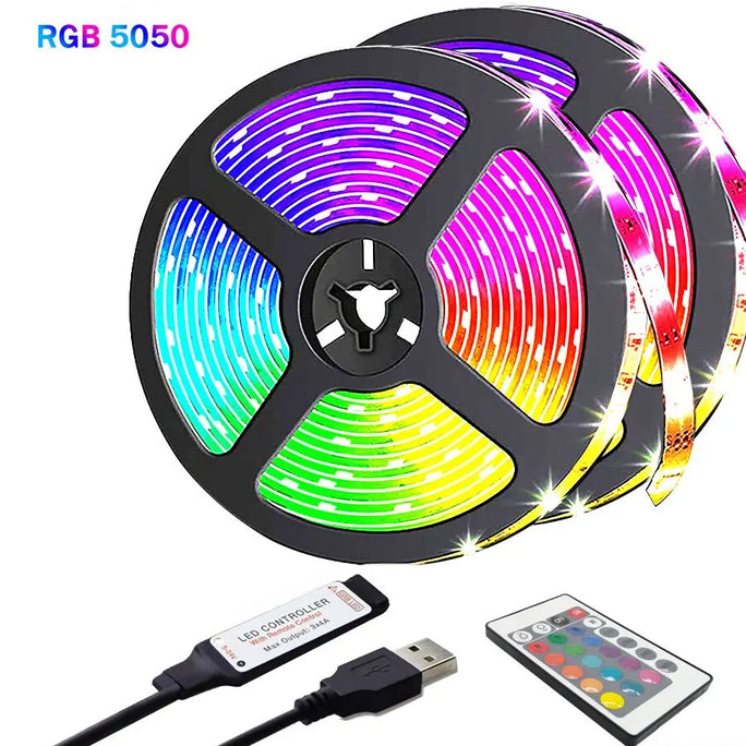 Title (título curto e claro para a loja): RGB LED Light Strip 5050 – 5M Flexible Lighting with Remote Control, 30 LEDs/m