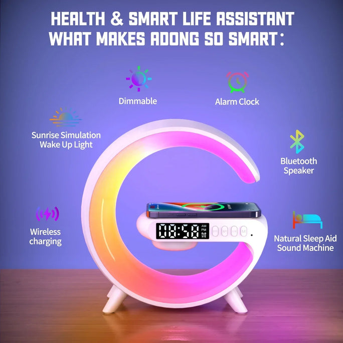 Multifunctional Wireless Charger Pad with RGB Light, Alarm Clock, and Speaker – Quick Charging Dock for iPhone, Samsung, Xiaomi